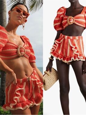 PatBo Striped Crochet Knit Puff Sleeve Orange Cropped Top Size 4